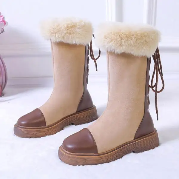Round Toe Women's Short Boot Lace Up Boots Winter Shoes Woman Luxury Designer Australia Booties Ladies Low Heels booties - Цвет: 1