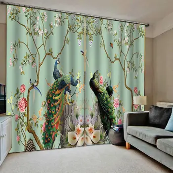 

High quality custom 3d curtain fabric Peacock flowers Digital Print 3D Blackout Curtains For Living room