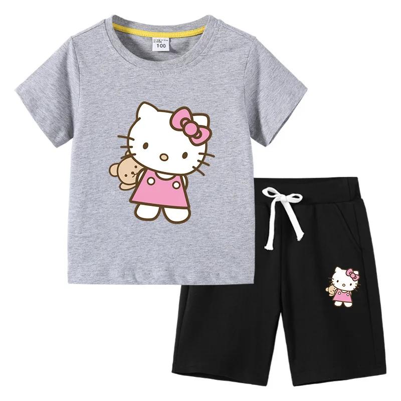 thumbnail image 1 of Camiseta con estampado de dibujos animados de verano de Hello Kitty + Pantalones casuales traje de dos piezas de manga corta de algodón para niños y niñas pueden usar, 1 of 5
