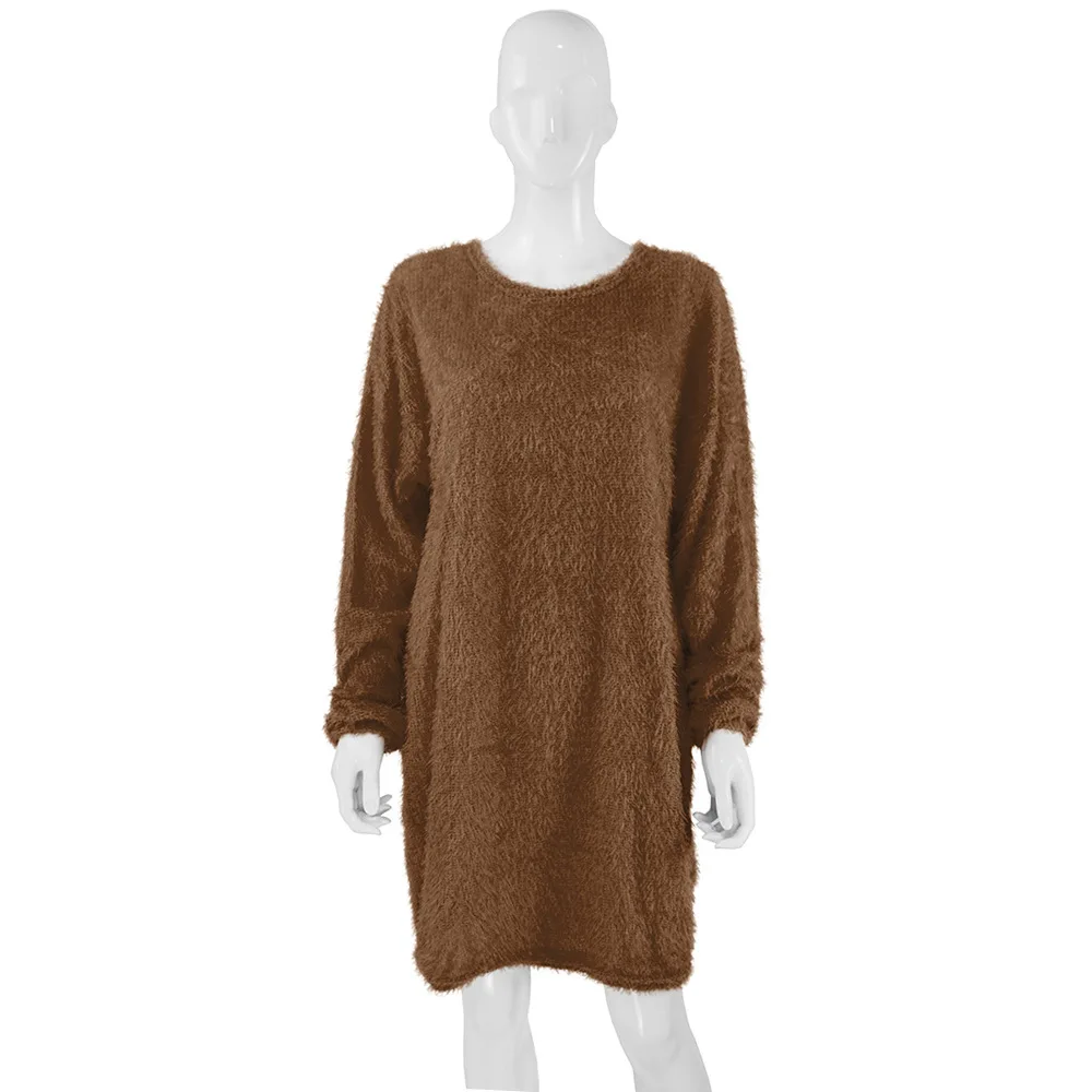 Женский осенне-зимний свободный бархатный пуловер с высоким воротом, пушистый длинный свитер, платье, рубашки с длинными рукавами, плюшевое платье с кроликом