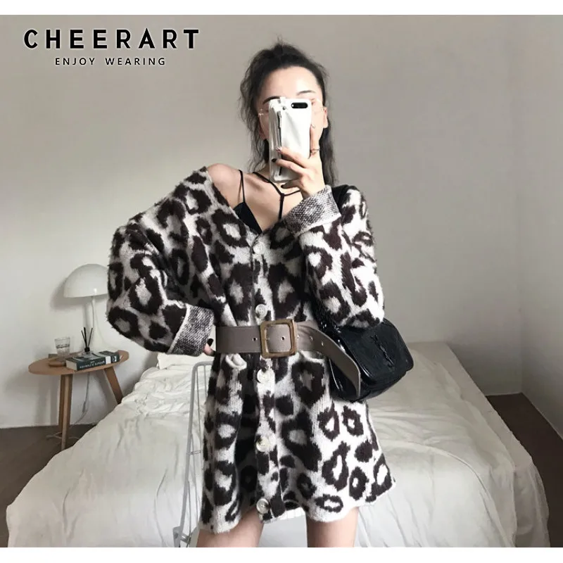  CHEERART Mohair Leopard Print Cardigan Women Plus Size Fuzzy Cardigan Sweater Belted Cardigan 2019 