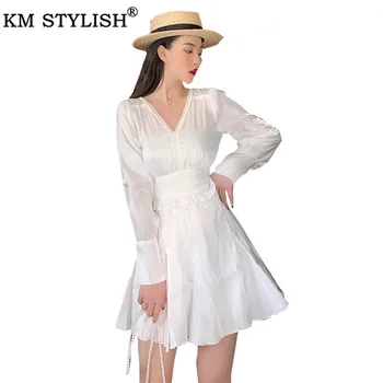 

Women's Clothings Vestidos Vintage Fairy Lady Party White Dress Sexy Reflective Satin V-neck French Lace Waist One-piece Dress