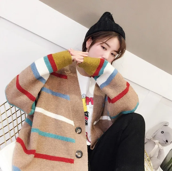 Autumn New Style Multi-color Stripe Sweater Large Size WOMEN'S Cardigan Sweater WOMEN'S Coat Versatile Mixed Colors Korean