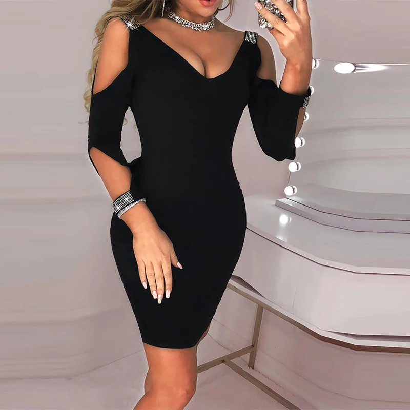 Женское летнее платье с открытыми плечами, Vestidos Verano, сексуальный вырез, глубокий v-образный вырез, без рукавов, облегающее Клубное платье знаменитостей для вечеринок - Цвет: Черный