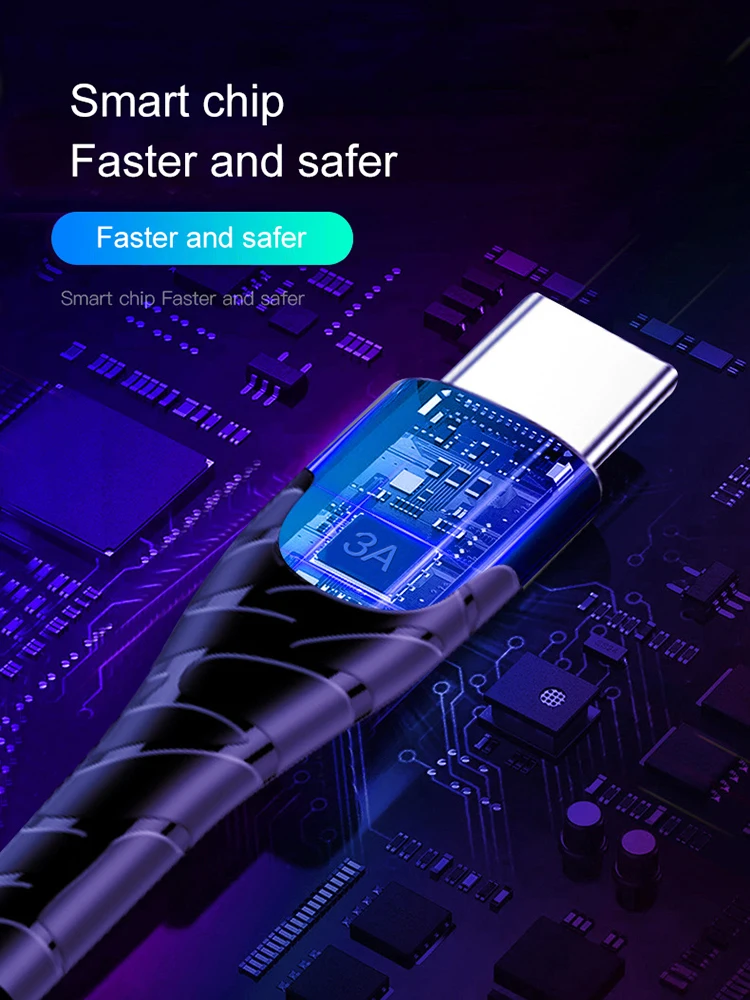 Кабель Micro USB Type C 3A для быстрой зарядки полностью совместимый со светодиодным