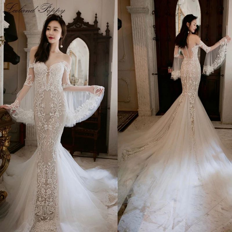 

Vestido de Novia Mermaid Lace Appliques Wedding Dresses 2020 Off the Shoulder Flare Sleeves Floor Length Bridal Dress
