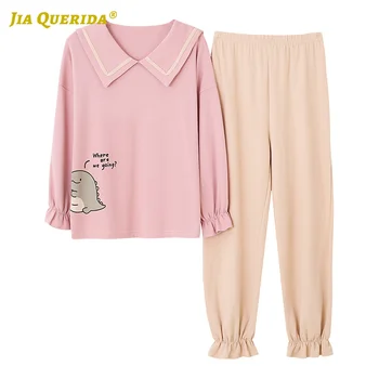 

Cartoon Printing Turn Down Collar Pijamas Woman Long Sleeve Long Pants Sleepwear Fashion Style Casual Style Homesuit Homeclothes