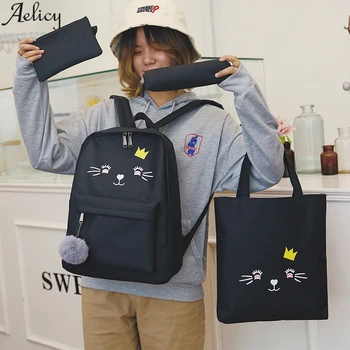 

Aelicy Women's Cartoon Alphabet Student Cat Backpack Nylon Casual Large Capacity Solid Color Travel 4 Piece Women Backpack