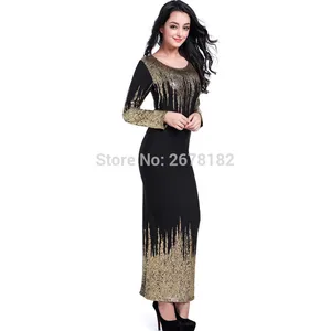 Autumn Winter Elegant Black-Gold Color Maxi Dress Women Elastic Slim Three Quarter Sleeve Long Dress 2020 robe femme