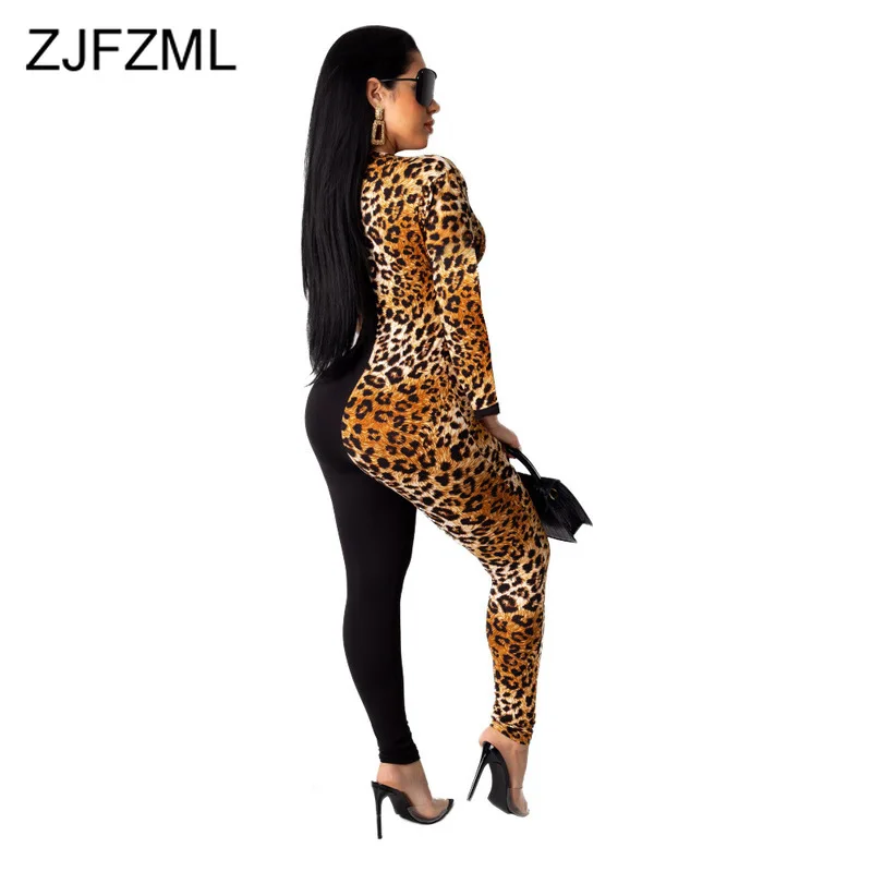 Leopard Print Sexy Romper Women Jumpsuit Deep V Neck Full Sleeve Skinny Bodysuit Vintage Color Block Front Zipper Party Overall