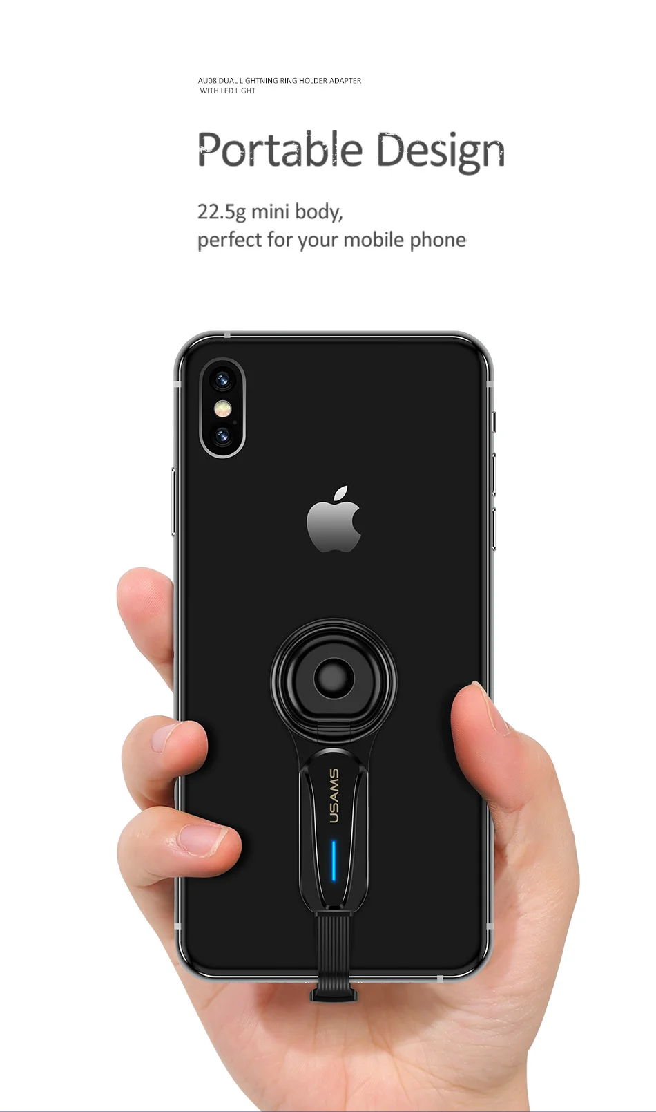 USAMS двойной светильник ing кольцо держатель адаптер для iPhone X 8 7 6 2A Быстрая зарядка конвертер мобильный телефон OTG с светодиодный светильник для iOS 12