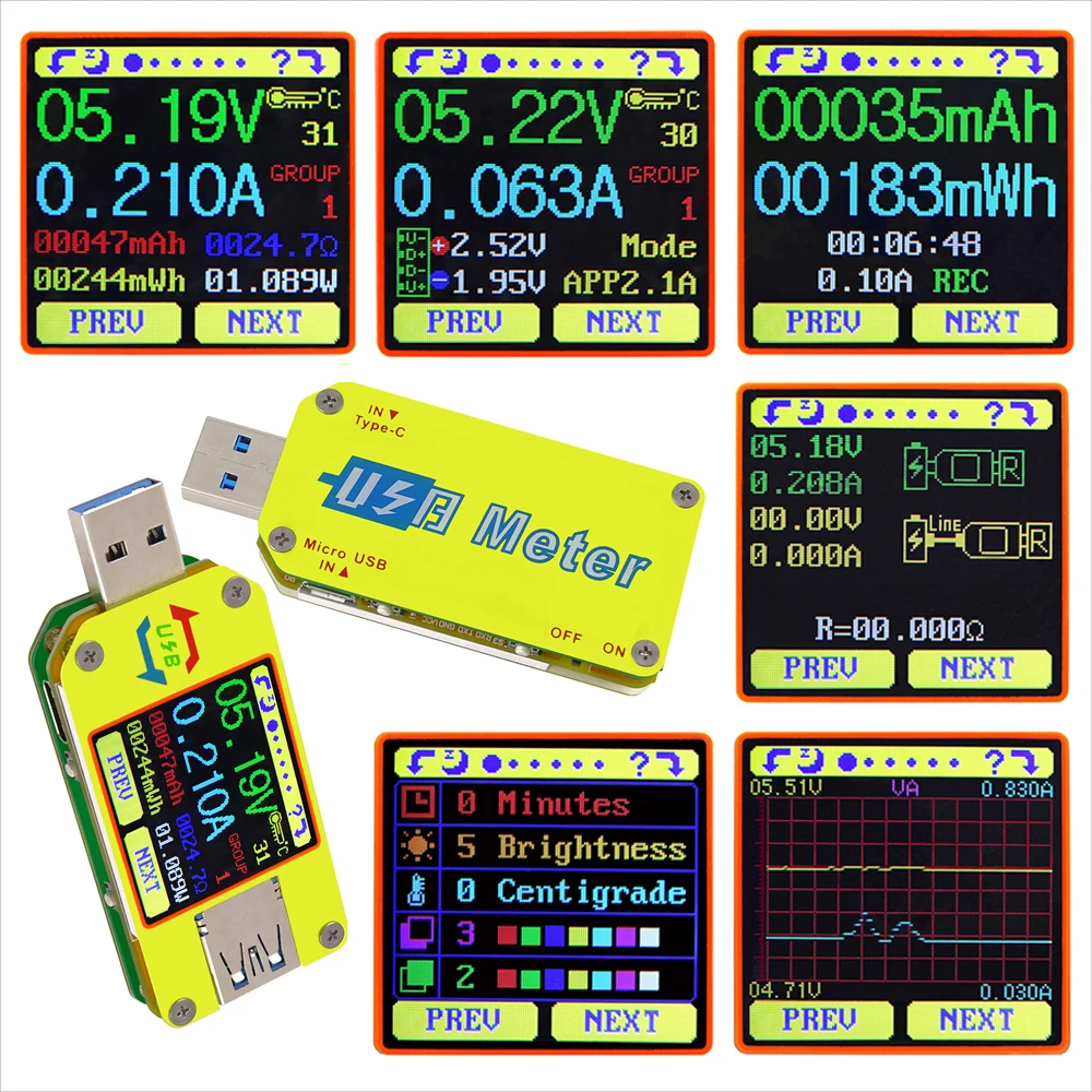 UM24/UM24C UM25/UM25C UM34/UM34C тип-c USB Вольтметр Амперметр Измеритель сопротивления зарядки Напряжение тестер тока ЖК-дисплей цветной дисплей