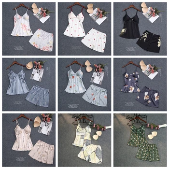 

Women's Sexy Spaghetti Strap Pajamas 2 Pcs Set & Summer Ice Silk Lace Ribbon Chest Pad Short Print Pajamas Two Piece Set