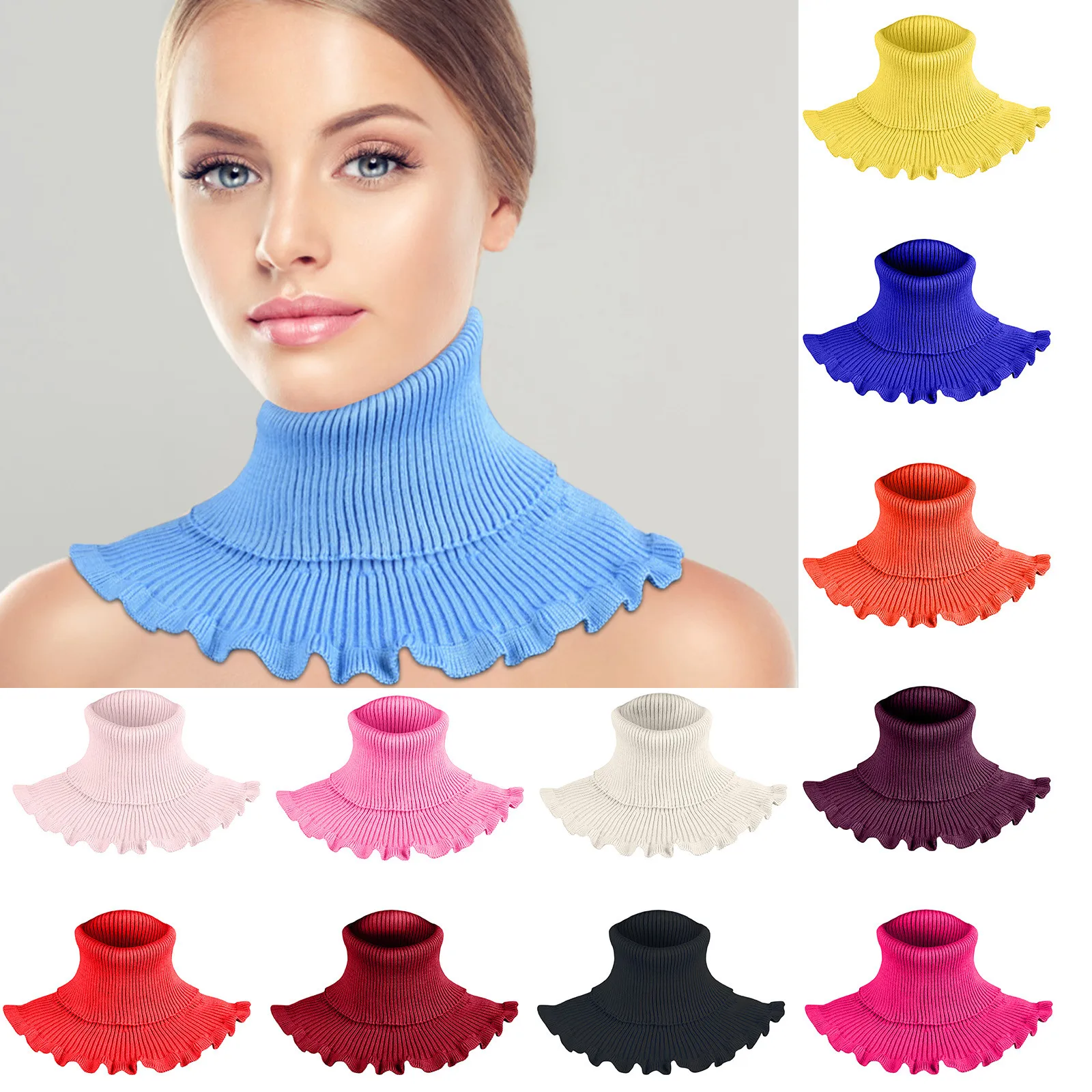 

Women Warm Ribbed Turtleneck Pullover Knitted Sweater Fake Collar Windproof Detachable False Collar Removable Scarf Wrap