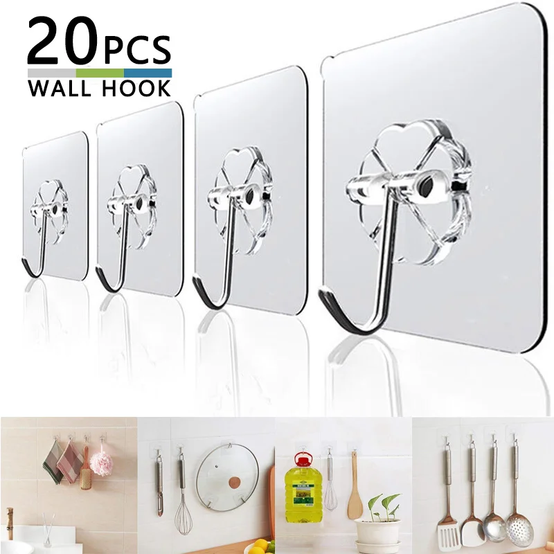 20 piezas de pared transparente para cocina y oficina, ganchos autoadhesivos impermeables, reutilizables, sin costuras, 6CM de ancho