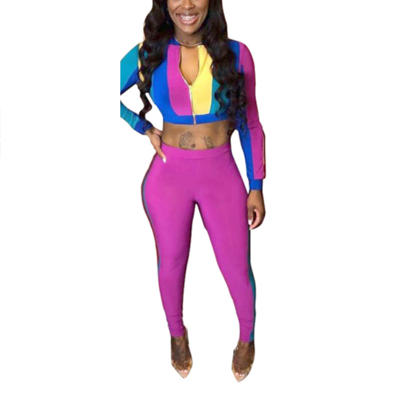 

2 Pcs Women Color Block Outfits, Autumn and Winter Long Sleeve Round Neck Cardigan + Pencil Pants