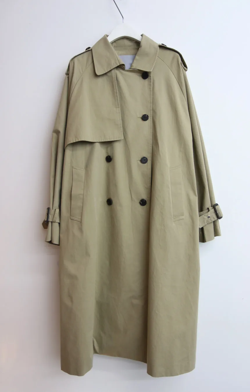 [EWQ] Turn-down Collar Long Sleeve Khaki Windbreaker Double-breasted Tie Long Trench Coat Outwear Autumn Winter New QK782