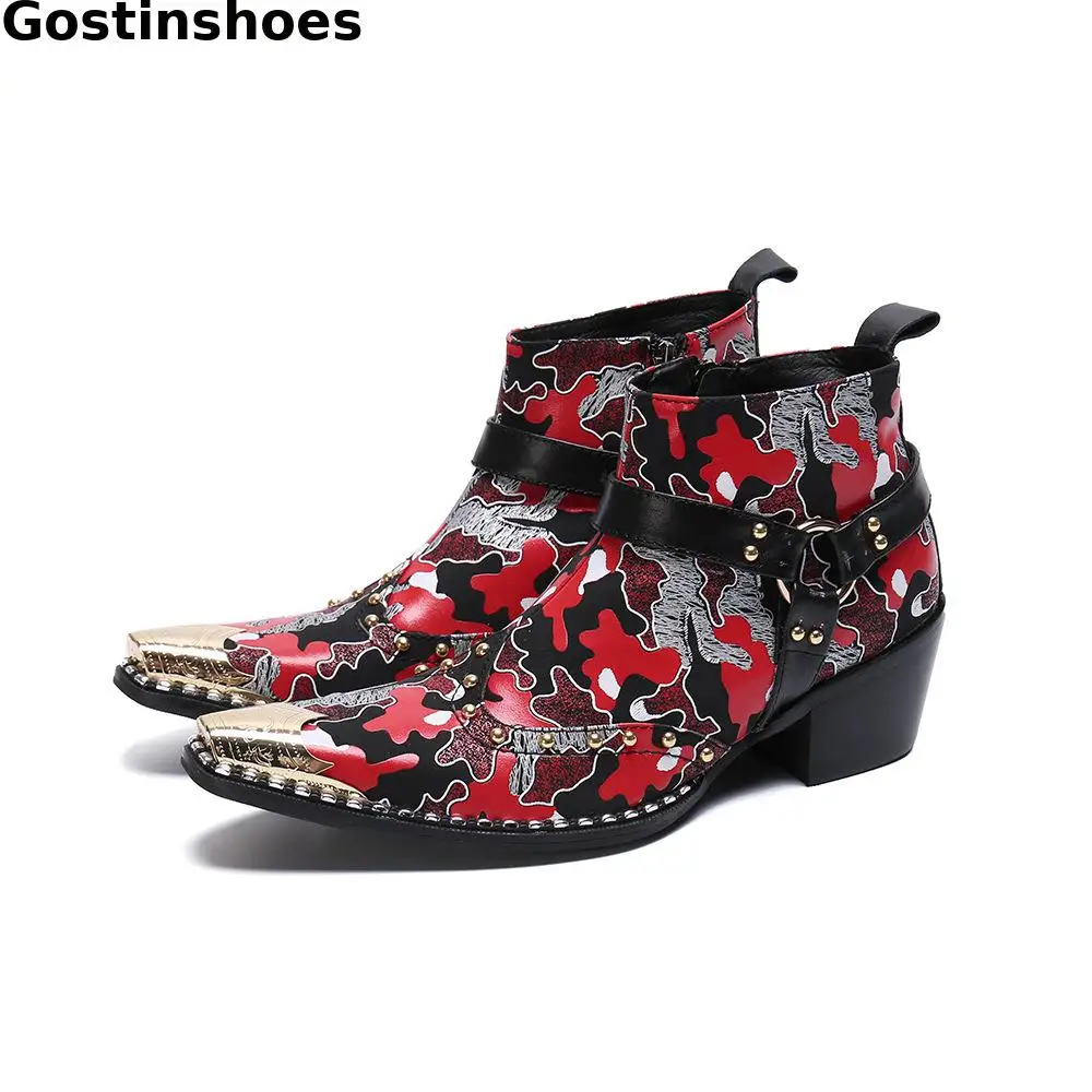 

Fashion Red Genuine Leather Printed Men Ankle Boots Buckle Straps Metal Captoe Slip On Men Short Boots Zip