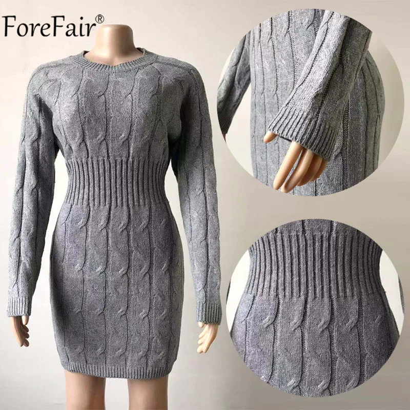 Forefair O Neck Long Sleeve Sweater Dress Warm Women Casual Autumn Winter Knitted Gray Elegant White Mini Bodycon Dresses
