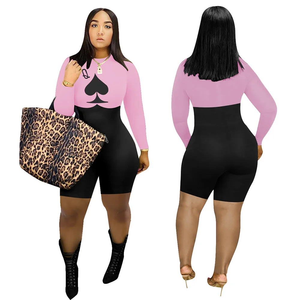 Echoine Casual Womens Jumpsuit Skinny Bodysuit Playsuit Active Poker Card Printed Patchwork Fitness Playsuit Sexy Fashion Romper