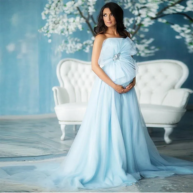 Без бретелек небесно-Голубые Вечерние платья для беременных Тюлевое на заказ длинное платье с коротким шлейфом для фотосъемки беременных женское платье для выпускного