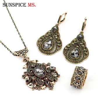 

Sunspicems Grey Crystal 3pcs Turkish Earring Necklace Ring Sets Women Party Jewelry Ethnic Weddding Bijoux Holiday Gift Hot Sale