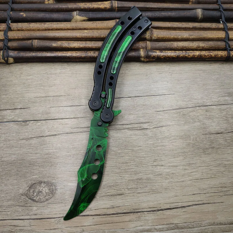 Складной нож с бабочкой Karambit csgo, нож для кожи, тренировочный нож с бабочкой, тренировочный игровой нож, тупое лезвие, инструмент без края - Цвет: Dark green