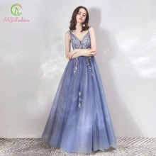 SSYFashion New Grey Blue Long Evening Dress V-neck Sleeveless Lace Flower Beading Formal Party Gowns Custom Vestidos De Noche