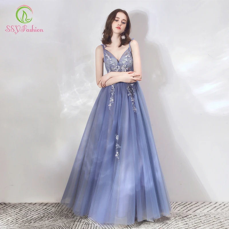 SSYFashion/Новое серое синее длинное вечернее платье с v-образным вырезом без рукавов