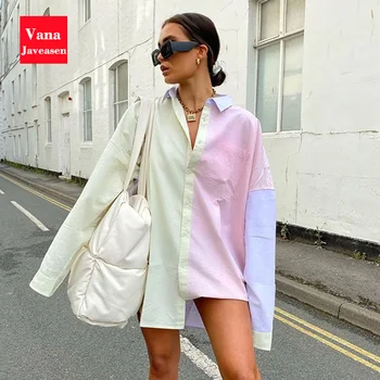 

Autumn Color Patchwork Plug Size Shirts Women Tops Streetwear Long Sleeve Turn-down Collar Chemise Femme Shirt Women Top Stylish