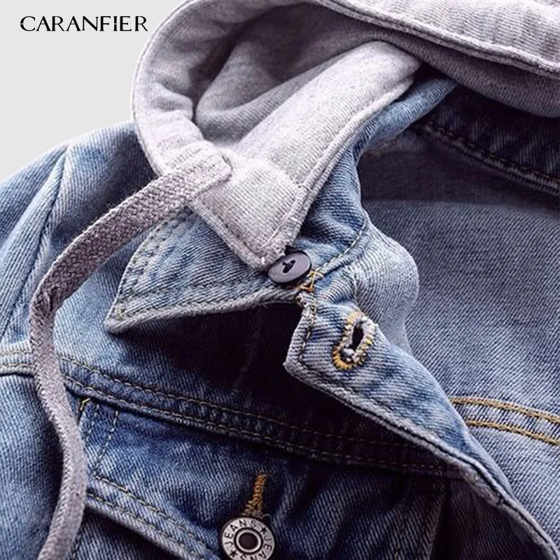 CARANFIER Европейский Плюс европейский размер короткая джинсовая куртка Осенняя Модная Джинсовая куртка с капюшоном со съемным капюшоном джинсовая куртка