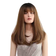 Длинные прямые парики термостойкие синтетические волокна темные корни с челкой женщин полный парик WH998