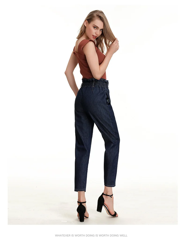 Jeans daily ruffled high waist loose fit casual pants straight-leg jeans casual loose high stretch large size baggy jeans