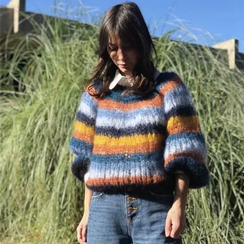 

Autumn and winter new sweater women's fashion handmade contrast color striped pullover sweater