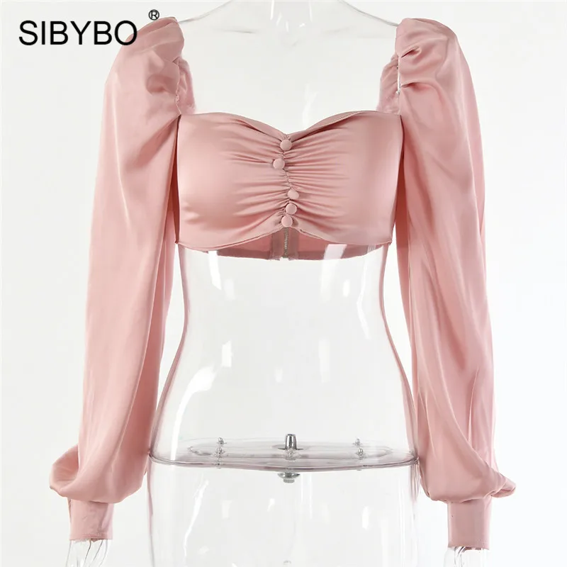 Sibybo, плиссированный сексуальный укороченный Топ без бретелек, женская мода, длинный рукав, пуговицы, тонкая женская футболка, однотонная, открытая спина, повседневные женские топы