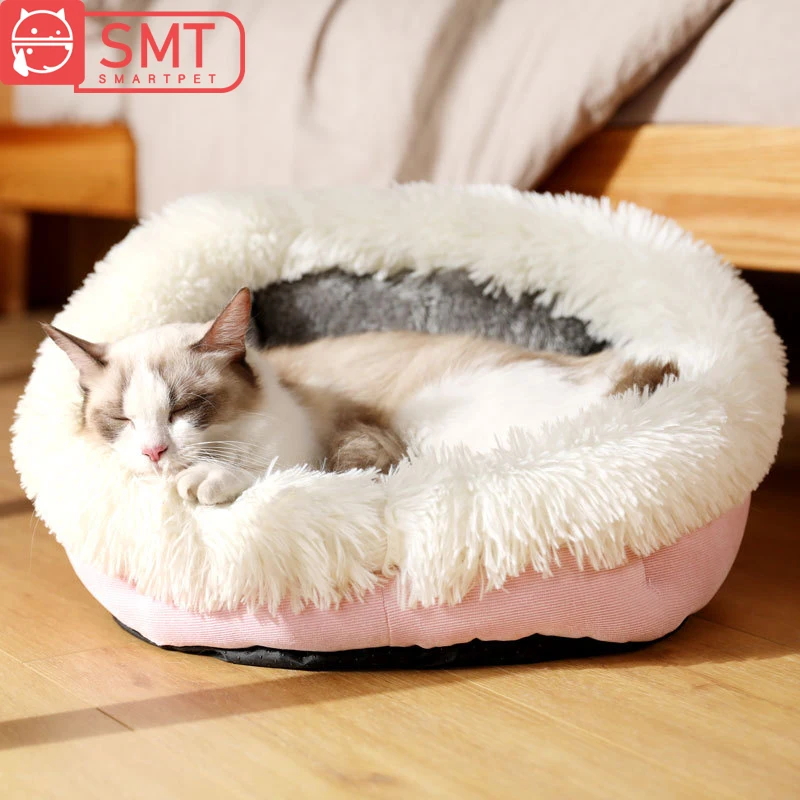

Smartpet Round Long Plush Cat Bed House Soft Winter Warm Cat Sleeping Sofa Nest Comfortable Puppy Small Dogs Sleeping Bag