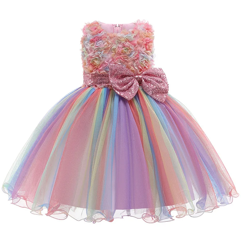 High Quality Summer Girls Dress Rainbow Mesh Bow Birthday Party Dance Costume Little Princess Dress Kids Clothes 1-10 Years Old