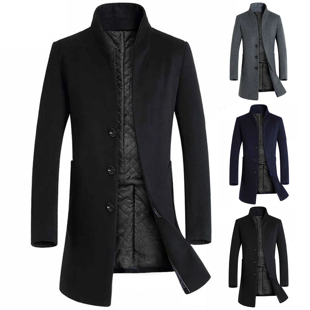big size solid color men's long-sleeved stand-up collar jacket trench coat casual mid-length slim woolen trench coat