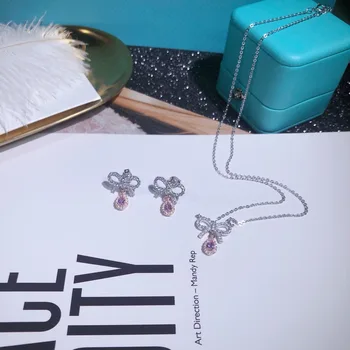 

TSHOU171 Bridal silver Necklace Earrings Wedding set Bownot pink zircon set