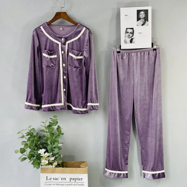 

Autumn Winter White Long Sleeve Pijamas Suit Sleepwear Female Velvet Pajamas SetLoose Casual Elastic Waist Trouser Home Clothes