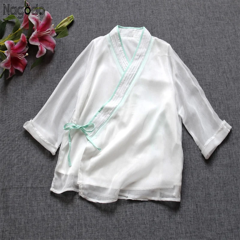 

Nagodo Chinese Top Women 2020 Summer V-neck Lace-up Hanfu Top Double Layer Linen Chiffon Bloues Zea Tea Shirt Camisa Oriental