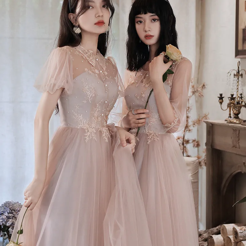 

New Dusty Pink Bridesmaid Dresses With Sleeves Mixed Styles Lace Embroidery with Pearls Elegant Women Party Wedding Dresses