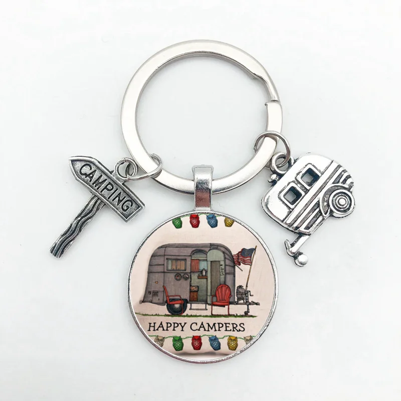Camping Keychain Camper Wagon Trailer Signpost Vacation Travel Memorial Gift