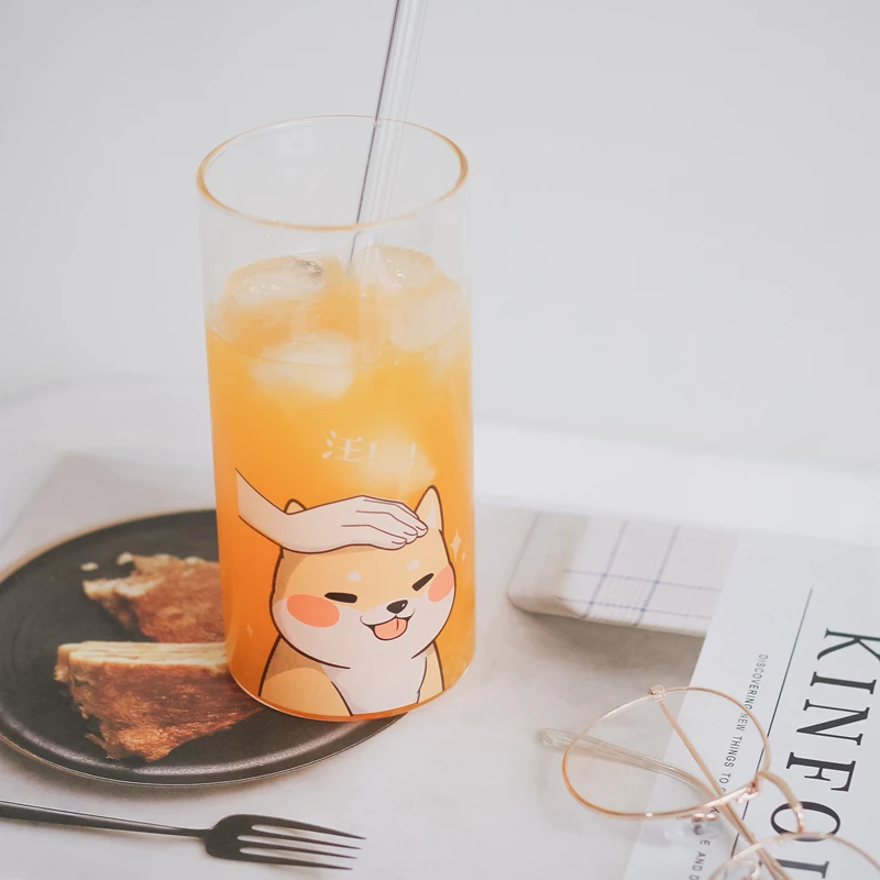 Креативная каваи Сиба ину термостойкая стеклянная чашка с соломинкой милый мультфильм офисная кофейная кружка стакан индивидуальная молочная кофейная чашка - Цвет: Cute Shiba Inu
