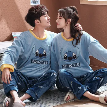 

Korean-style Couples Pajamas Winter Warm Flannel Two-Piece Casual Loose and Plus-sized Pajamas Men and Women Set