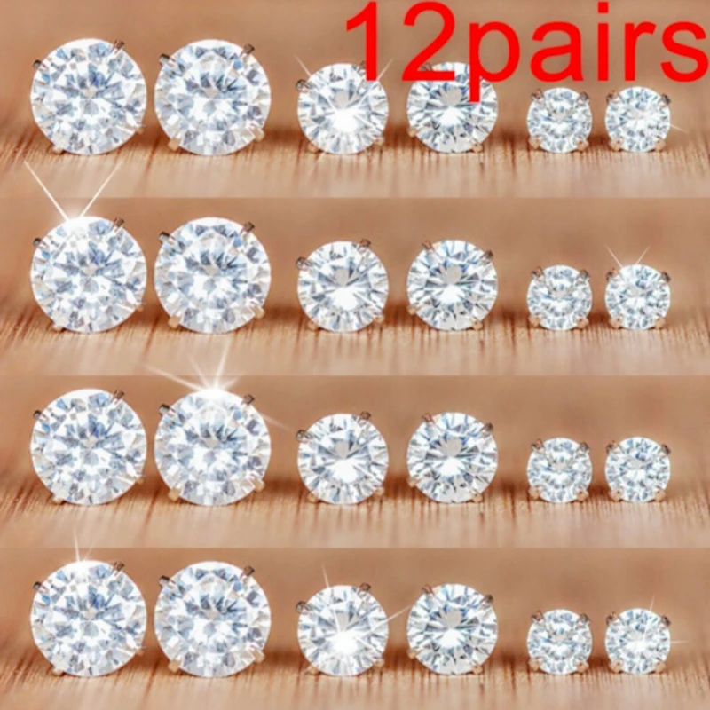 

6/12 Pairs Classic Crystal zircon AAA CZ Element Stud Earrings for Women/Men Jewelry Crystal Zircon Studs Earring Wholesale