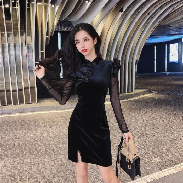 Китайское платье улучшенное cheongsam Восточный стиль vestidso сексуальное Ципао с длинным рукавом элегантное вечернее платье сексуальное короткое платье Ципао с разрезом