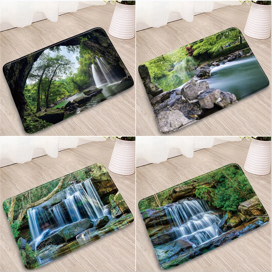 

Waterfall Bath Mats Natural Watercolor Painting Doorway Bedroom Kitchen Corridor Flange Water Absorption Anti-Slip Rugs Washable