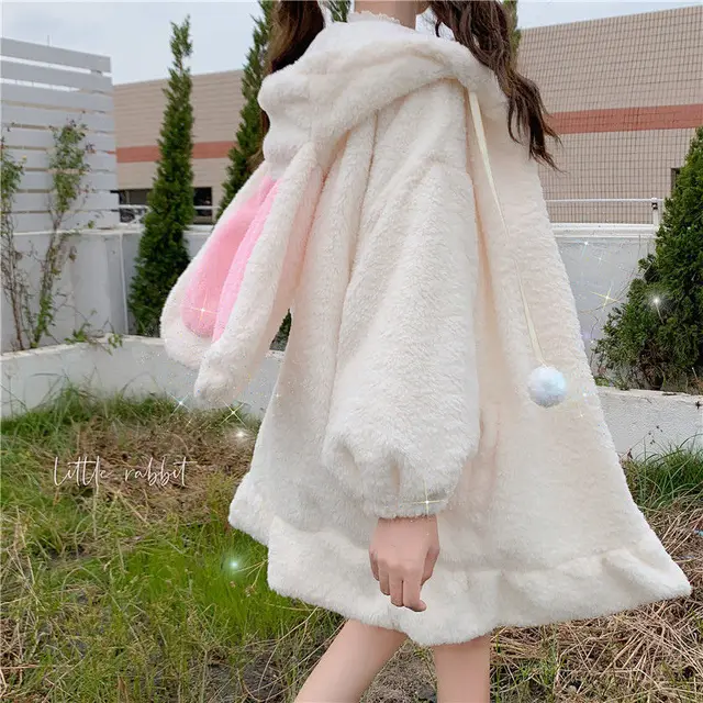Hoodies Women Large Size Solid Zip up Long Lantern Sleeve Hooded Rabbit Ears Lolita Cute Sweet