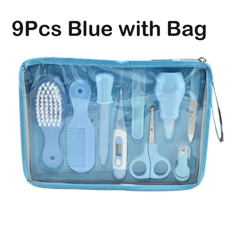 Многофункциональный Детский набор, детский медицинский набор для ухода за ребенком, набор для ухода за ребенком, термометр, клипер, ножницы, детские туалетные принадлежности для малышей - Цвет: 9Pcs Blue with Bag